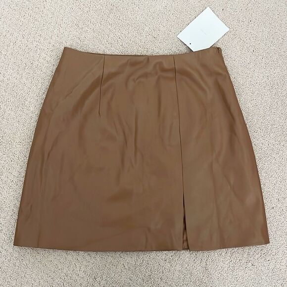Oak + Fort Vegan Leather Mini Skirt With Slit in Tobacco Brown - Picture 1 of 7
